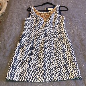 Blue print dress with wood bead detail